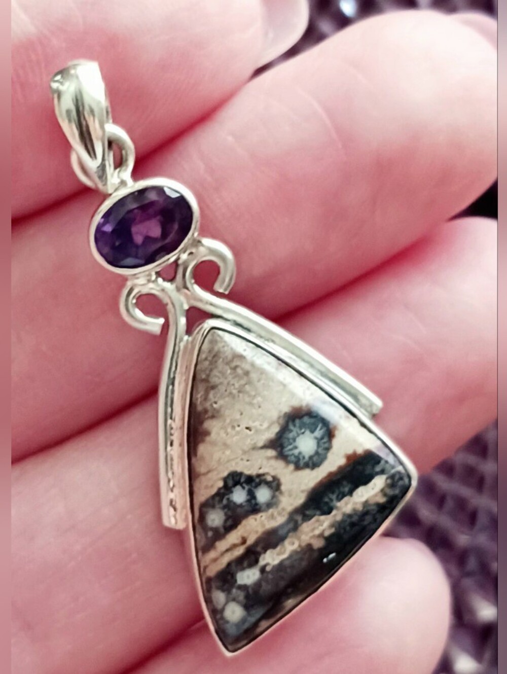 Viper Jasper Sterling Silver 925 Pendant w/Amethyst Stone, 1.5" length